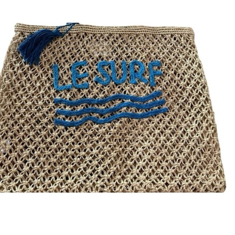 Le Surf Raffia Tote with Blue Accents 18.5" x 15" NWT